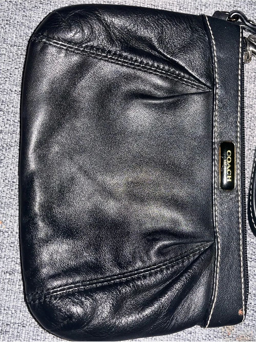 COACH Black Leather Wristlet Pouch with Logo Plaque